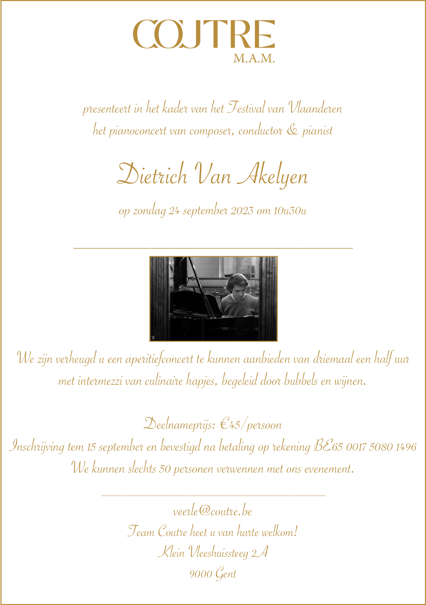 Pianoconcert van Dietrich Van Akelyen op 24 september 2023